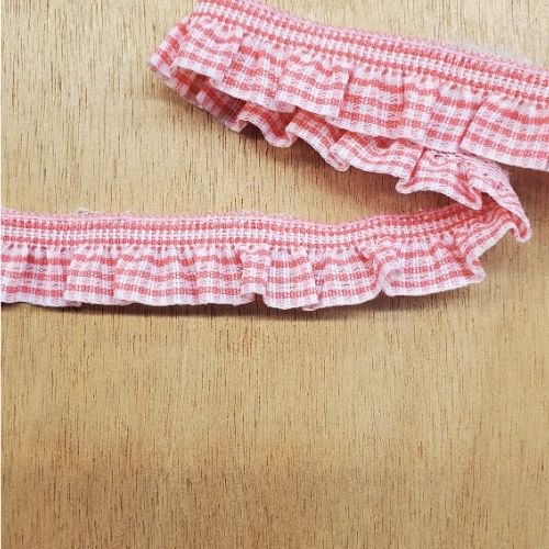 Ruban plissé froncé élastique et coton vichy rose et blanc 20 mm