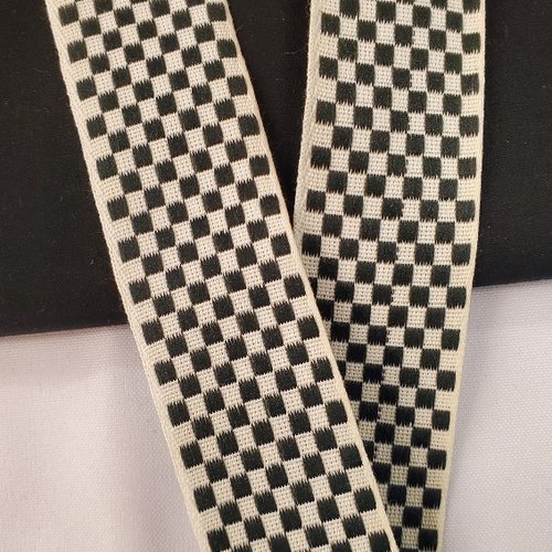 Ruban fantaisie damier 40 mm noir & blanc cassé
