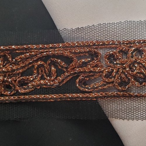 Ruban fantaisie brodé sur tulle marron & brique 35 mm