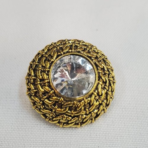 Bouton bijou acrylique doré & grand strass cristallin  32 mm