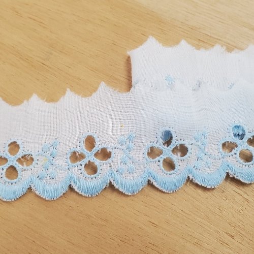 Lot 7,70 m - broderie anglaise fleurs bleu ciel - 30 mm