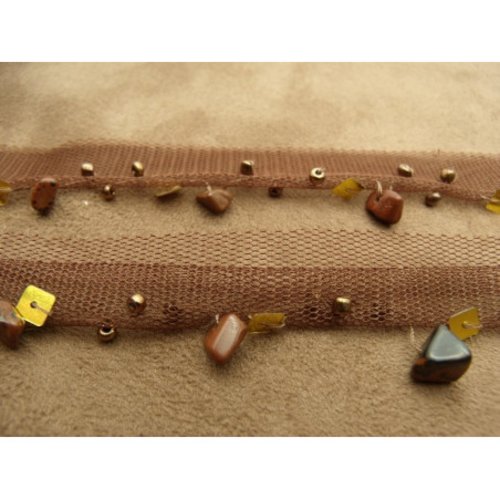 Lot 20 m – galon marron sur maille – perles & sequins – 20 mm