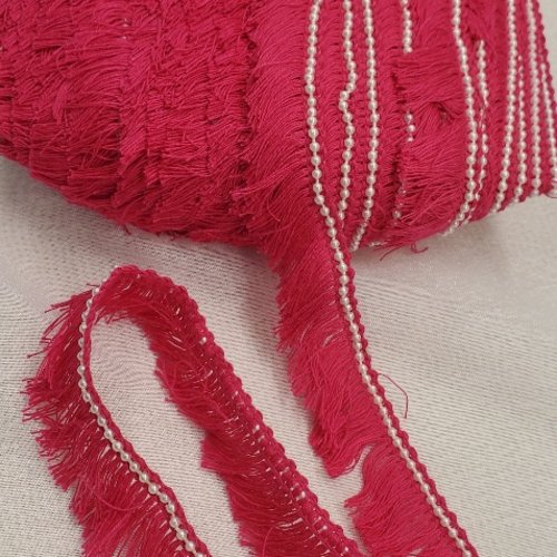 Lot 25m ruban frange perlé – 25 mm – rose fuchsia & perles nacrées