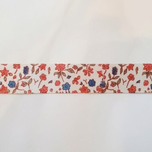 Ruban satin – imprimé floral rouge & bleu – 25 mm