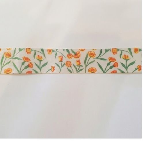Ruban satin – imprimé floral orange & vert – 25 mm