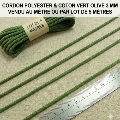 Cordon polycoton vert olive 3 mm – vendu au mètre ou par lot de 5 mètres