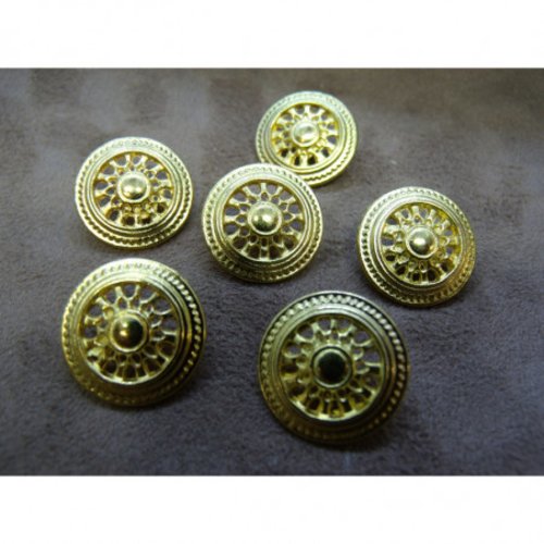 Lot de 6 boutons en métal doré motif roue – 18 mm