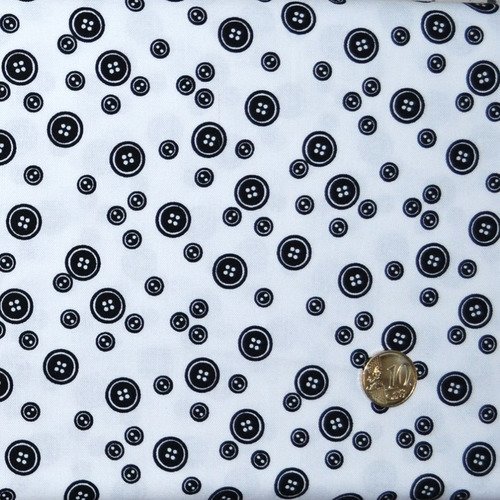 Coupon tissu patchwork 25cm x 55cm les boutons noirs sur fond blanc de makower