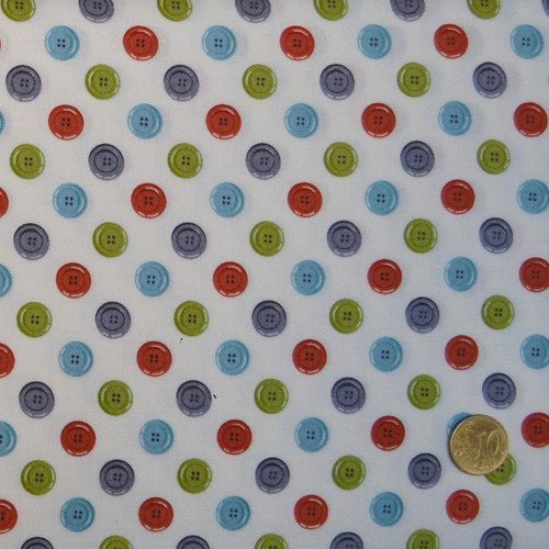 Coupon tissu patchwork 25cm x 55cm les boutons sur fond écru  de makower