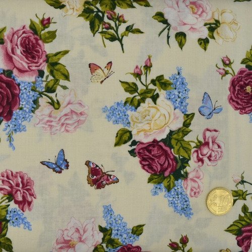 Coupon tissu Patchwork  Makower thème floral fleurs gris bleu 45 X 55 cm 