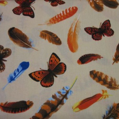 Coupon tissu  45cm x 55cm  plumes et papillons