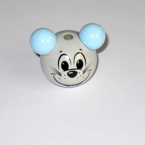Perle en bois 3d tête de souris gris clair et bleu pour attache tétine