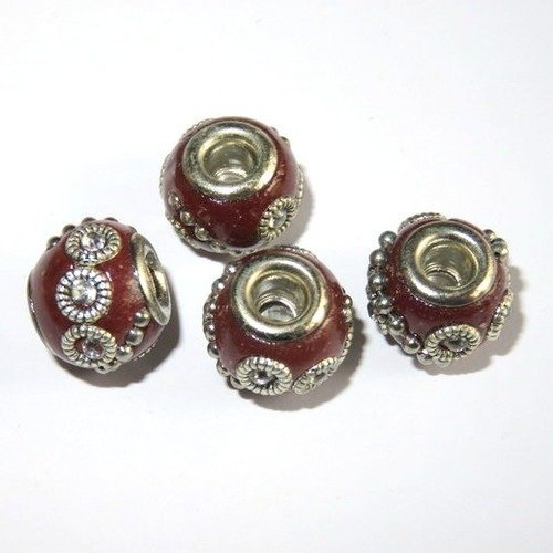 4 perles indonésiennes argentées marron strass 12 mm