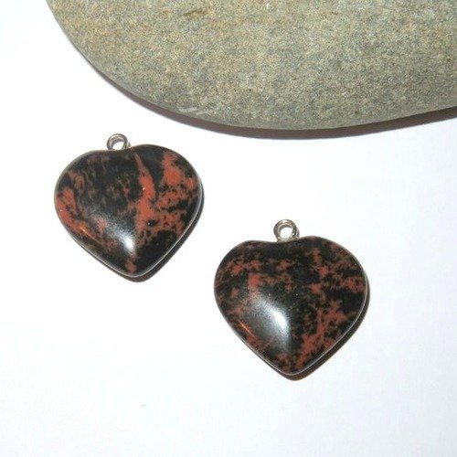 2 cœurs pierre stromatolite polie marron noir 20 mm