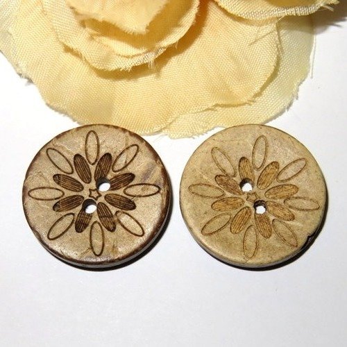 2 boutons en bois floral 22 mm