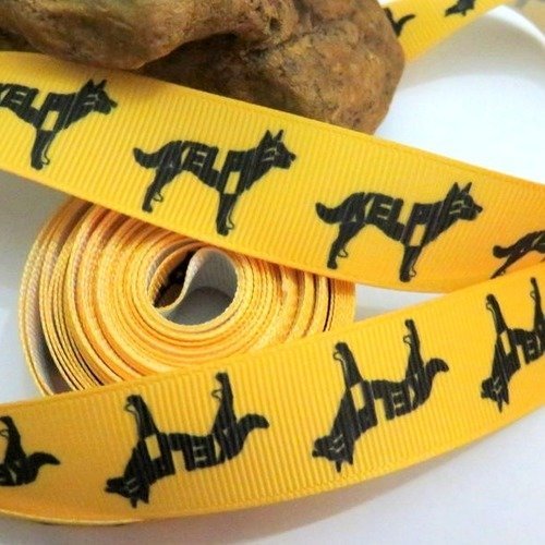Ruban jaune chien noir gros grain 22 mm