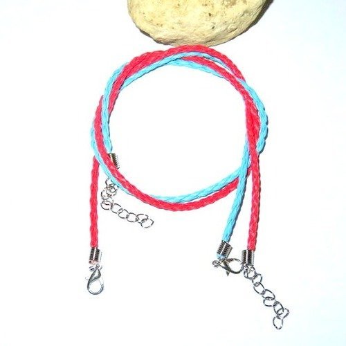 2 colliers tressés réglable rouge et bleu imitation cuir 2 mm
