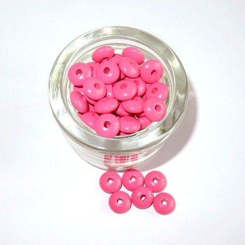 50 perles en bois plates forme lentilles rose foncé 10 mm pour attache tétine 10b