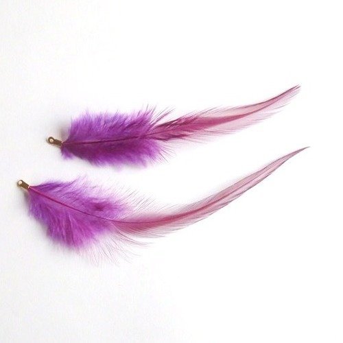 2 plumes pendentif, breloque de coq violette avec accroche métal doré