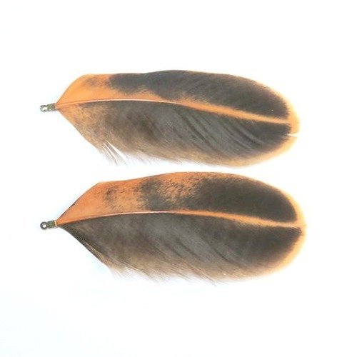 2 plumes pendentifs, breloques marron et noire de poule wyandotte naturelle avec accroche métal bronze