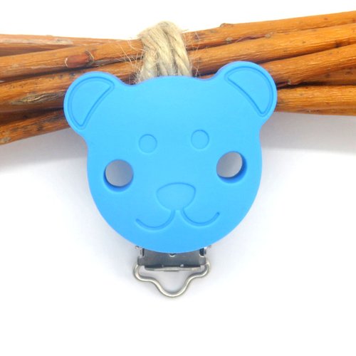 Pince clip attache tétine silicone tête d'ours bleue