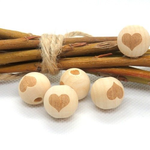 3 perles ronde cœur en bois brut naturel pour attache tétine 16 mm