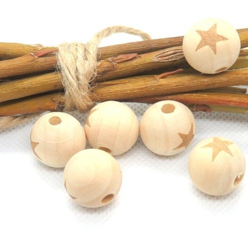 2 perles ronde étoile en bois brut naturel pour attache tétine 16 mm