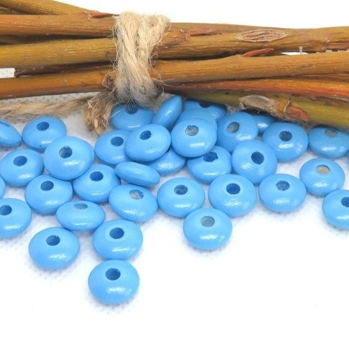 50 perles en bois plates forme lentilles bleu tendre pour attache tétine 10 mm n°13b