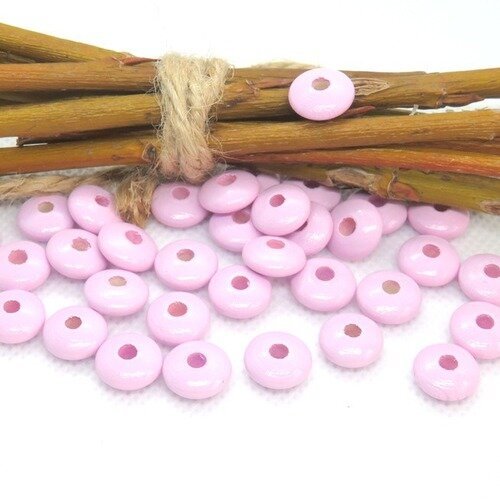 50 perles en bois plates forme lentilles rose pour attache tétine 10 mm n°10b