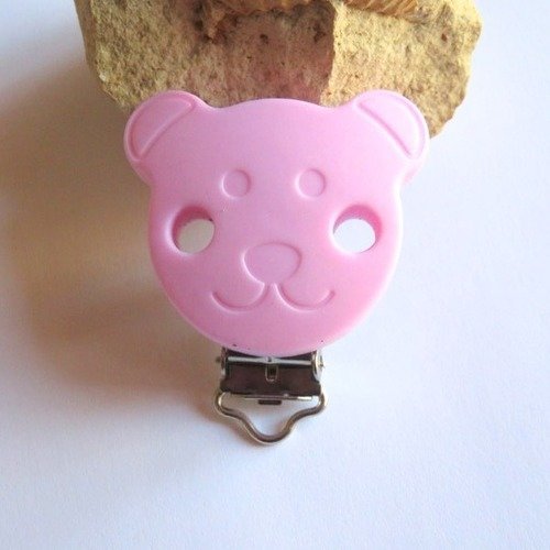 Pince clip attache tétine silicone tête d'ours rose 