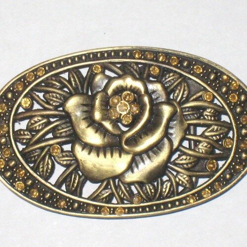 Boucle de ceinture fleur en métal bronze strass ancienne