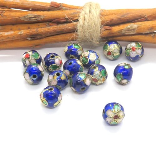 12 perles céramiques bleues roi  fleurs et dorure 10 mm