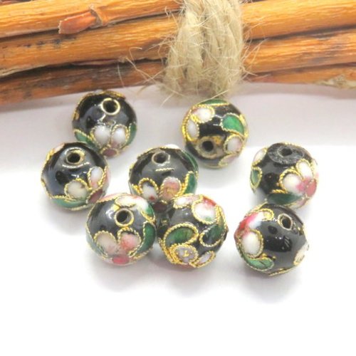 5 perles céramiques noires fleurs et dorure 10 mm 