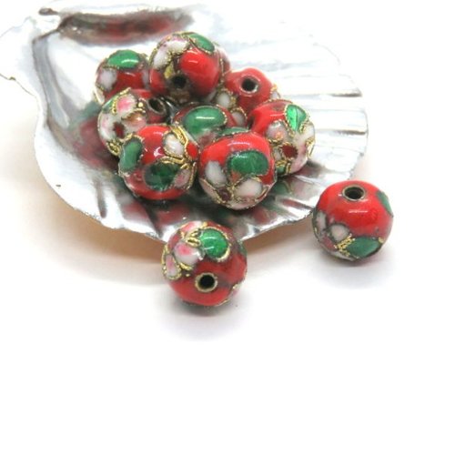 10 perles céramiques rouge fleurs et dorure 10 mm  