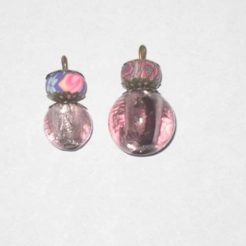 2 breloques / pendentifs perle rose feuille d'argent 