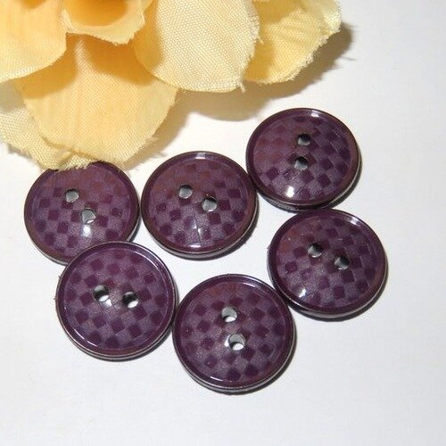 6 boutons anciens bakélite damiers violets 15 mm
