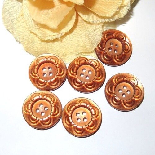 6 boutons marron oranger fleur en bakélite 16 mm