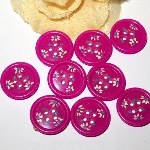 10 boutons ronds fuchsia petites fleurs 16 mm