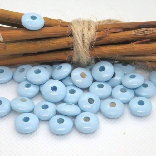 20 perles en bois plates forme lentilles bleu ciel pour attache tétine 10 mm norme ce