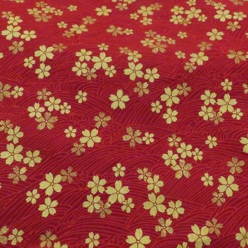 Tissu japonais coton bordeaux   fleur sakura doré 145 x 50 cm 