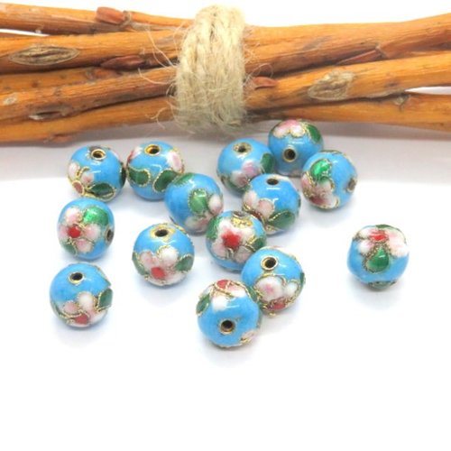 12 perles céramiques bleues fleurs et dorure 10 mm