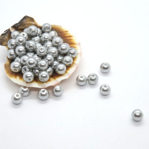 20 perles de verre effet nacré argentées 6 mm