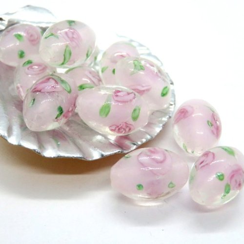 4 perles de verre ovale  fleur  rose 14 x 10 mm