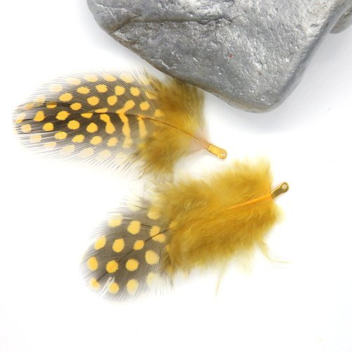 2 plumes pendentif naturelle jaune à pois de pintade avec accroche métal doré