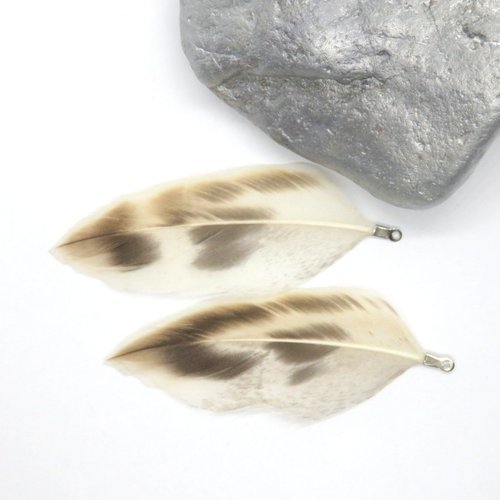 2 plumes pendentif, breloque de canard marron/blanche naturelle avec accroche métal argenté