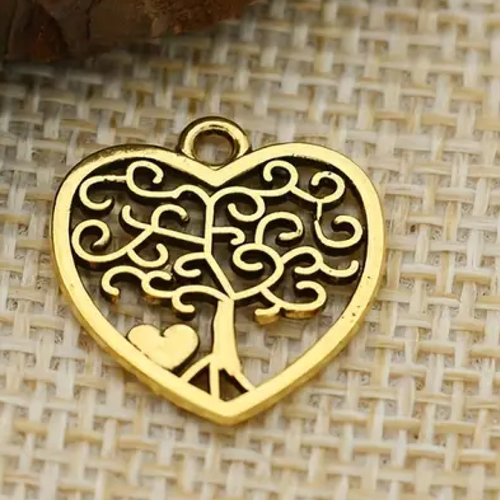 2 breloques pendentif cœur arbre de vie métal doré vieilli 18 x 16 mm