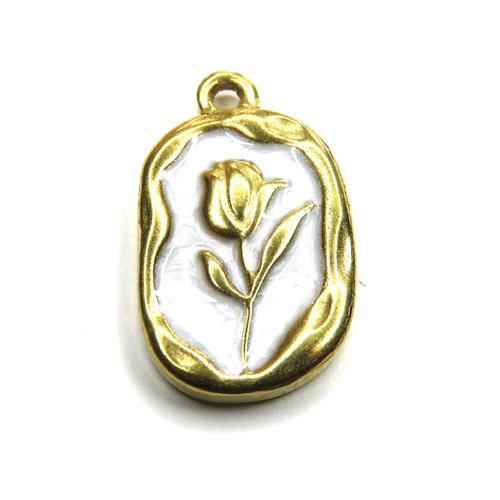 Pendentif acier inoxydable émail blanche tulipe