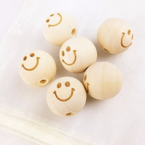 2 perles ronde avec sourire en bois brut naturel pour attache tétine 20 mm