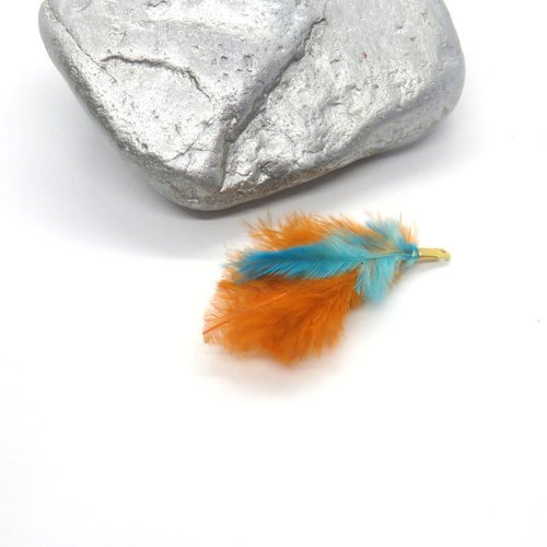 Plumes pendentif naturelle, breloque de coq orange et turquoise avec accroche métal argenté