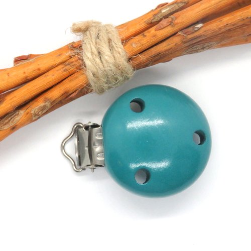 Pince clip attache tétine métal et bois turquoise norme ce